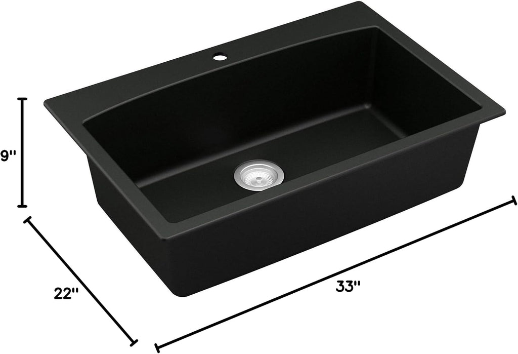 Karran QT-712 33 Inch Drop-In Quartz Composite Single Bowl Kitchen Sink, Top Mount, 1-Hole, Heat & Scratch Resistant, Easy Clean, Black