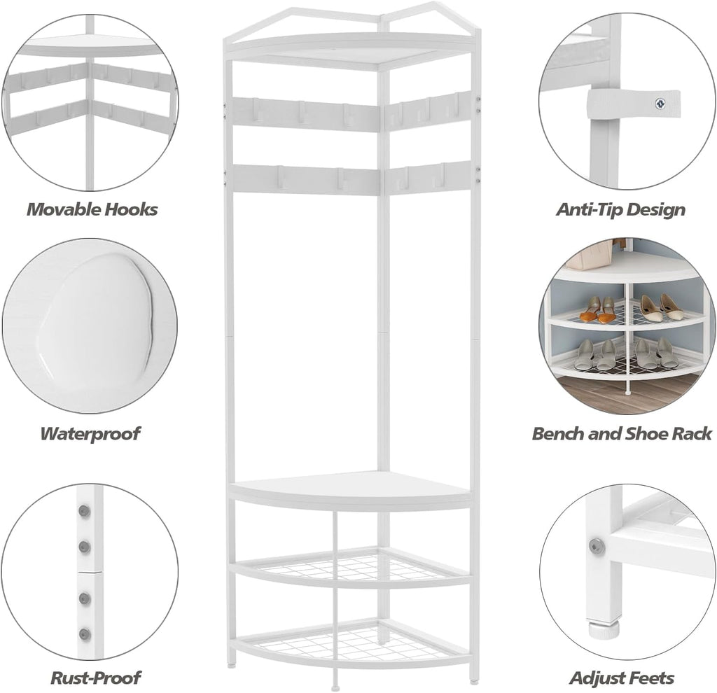 GiftGo Corner Hall Tree with Shoe Bench Entryway Coat Rack with 10 Metal Movable Hooks Freestanding Clothes Rack Shoes Shelf Organizer for Home Office Bedroom (White)