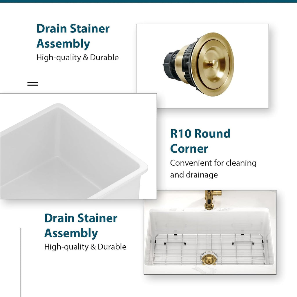White Undermount Kitchen Sink 30 Inch Porcelain White Kitchen Sink 30'x18'x10' Dual Mount Single Bowl Ceramic Kitchen Sinks - Gold Drain Set