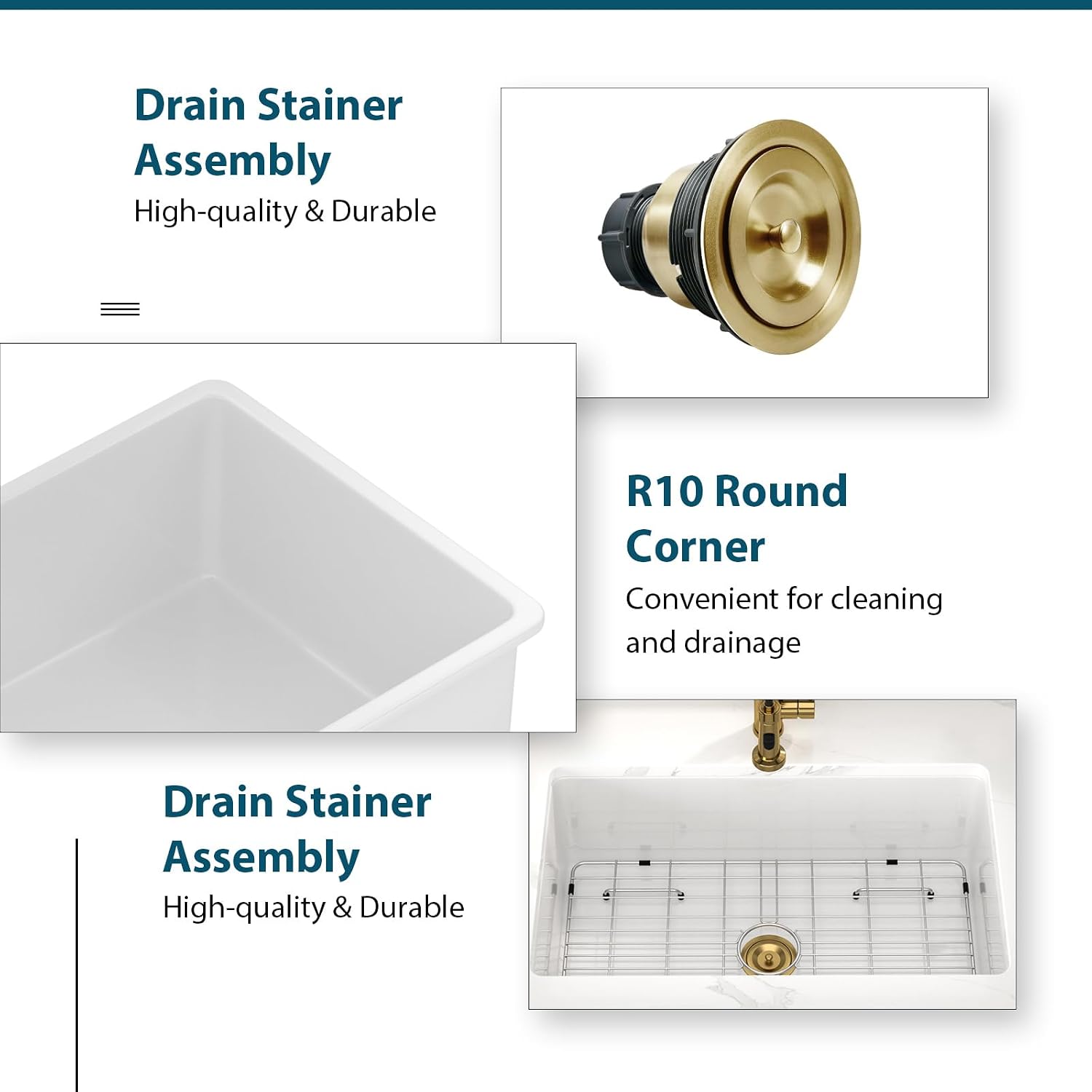 White Undermount Kitchen Sink 30 Inch Porcelain White Kitchen Sink 30'x18'x10' Dual Mount Single Bowl Ceramic Kitchen Sinks - Gold Drain Set