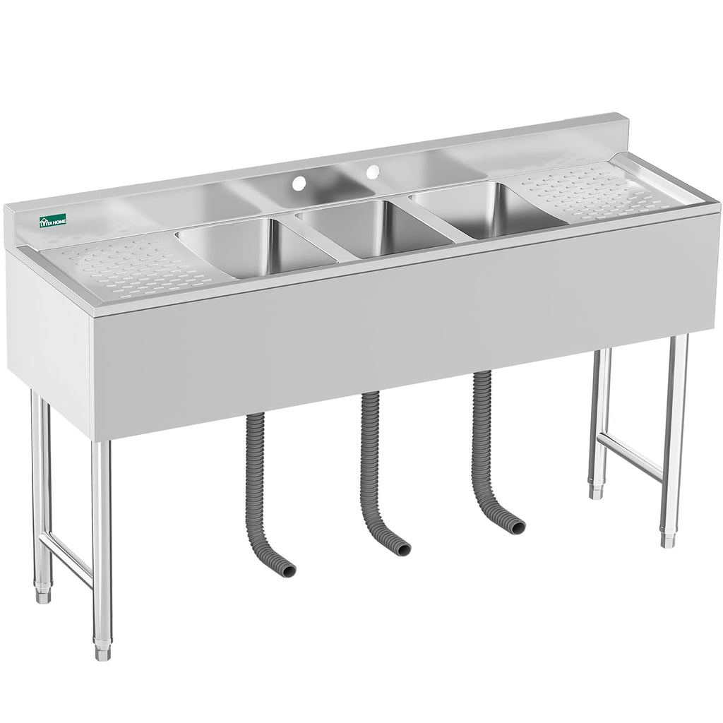 YITAHOME 60inch 3 Compartment Commercial Bar Sink with Drainboards, NSF Heavy-Duty Stainless Steel Freestanding Prep Utility Sink for Restaurant Kitchen