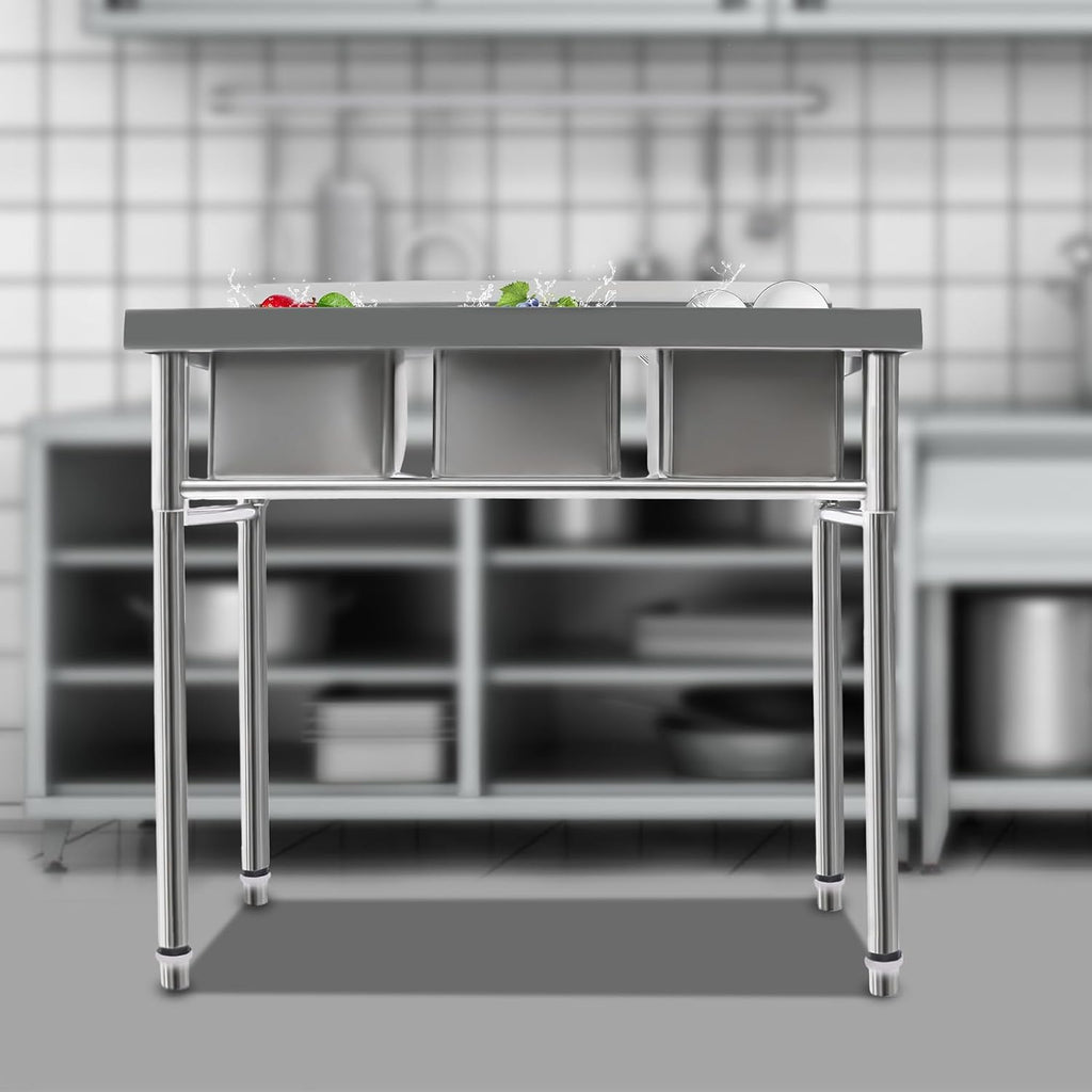 Commercial Utility Sink Stainless Steel 3 Compartment Kitchen Sink with Cold and Hot Water Pipe Freestanding Utility Sinks for Restaurant, Coffee Shop, Bar, Food Truck, 39×18×35.8 inch