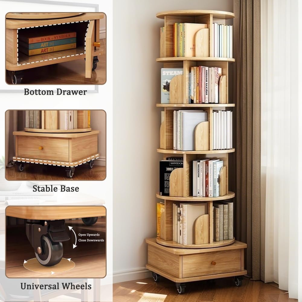 360° 6 Tier Rotating Bookshelf with Drawer and Wheels, Tall Bookcase for Small Spaces, Corner Shelf for Bedroom, Living Room, Office, Wood Bookshelf, Natural