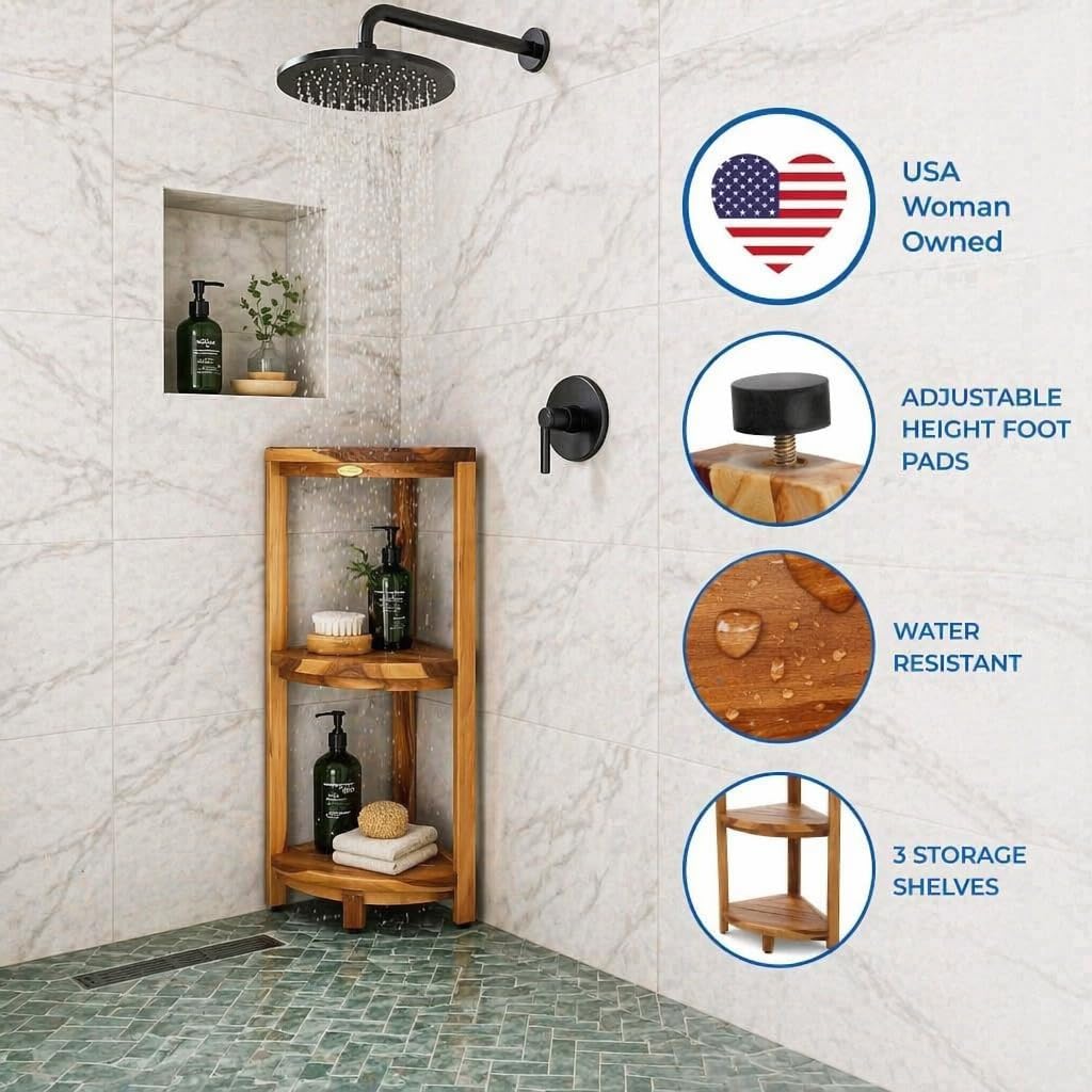 EcoDecors SnazzyCorner Natural Teak Corner Shower 3 Tier Shelf – Bathroom Organizer | Natural Wood Colors | Waterproof Teak Shower Caddy | Bathroom Storage & Organization | 33 Inches Tall