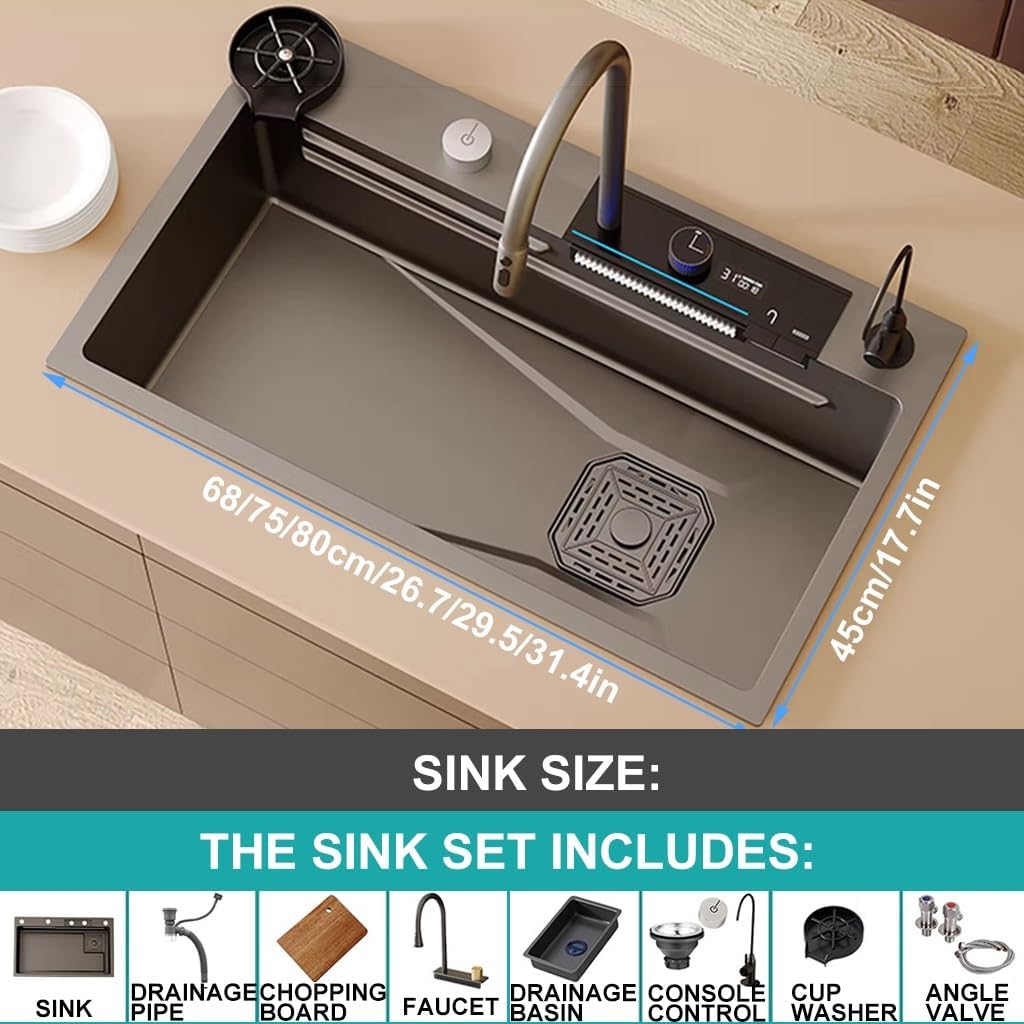Single-Bowl Kitchen Workstation Sink Multi-functional Stainless Steel Household Farmhouse Sink Waterfall Pull-Down Faucet And Complete Accessory Set (Color : Black, Size : 75x46x23cm) (Black 75x46