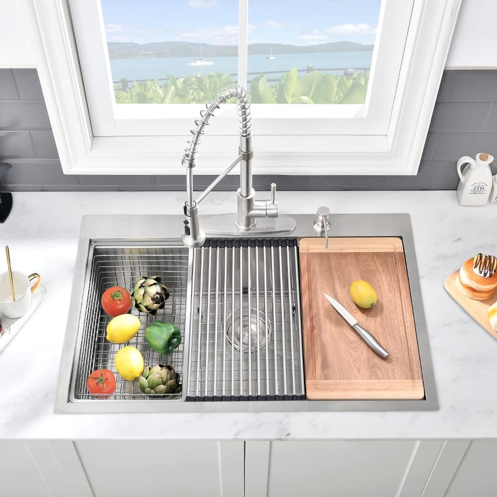 32 Inch Kitchen Sink Drop In Workstation-VASOYO 32x22 Stainless Steel Drop In Kitchen Sink Workstation 16 Gauge Single Bowl Deep Top Mount Sinks Stainless Sinks with Cutting Board