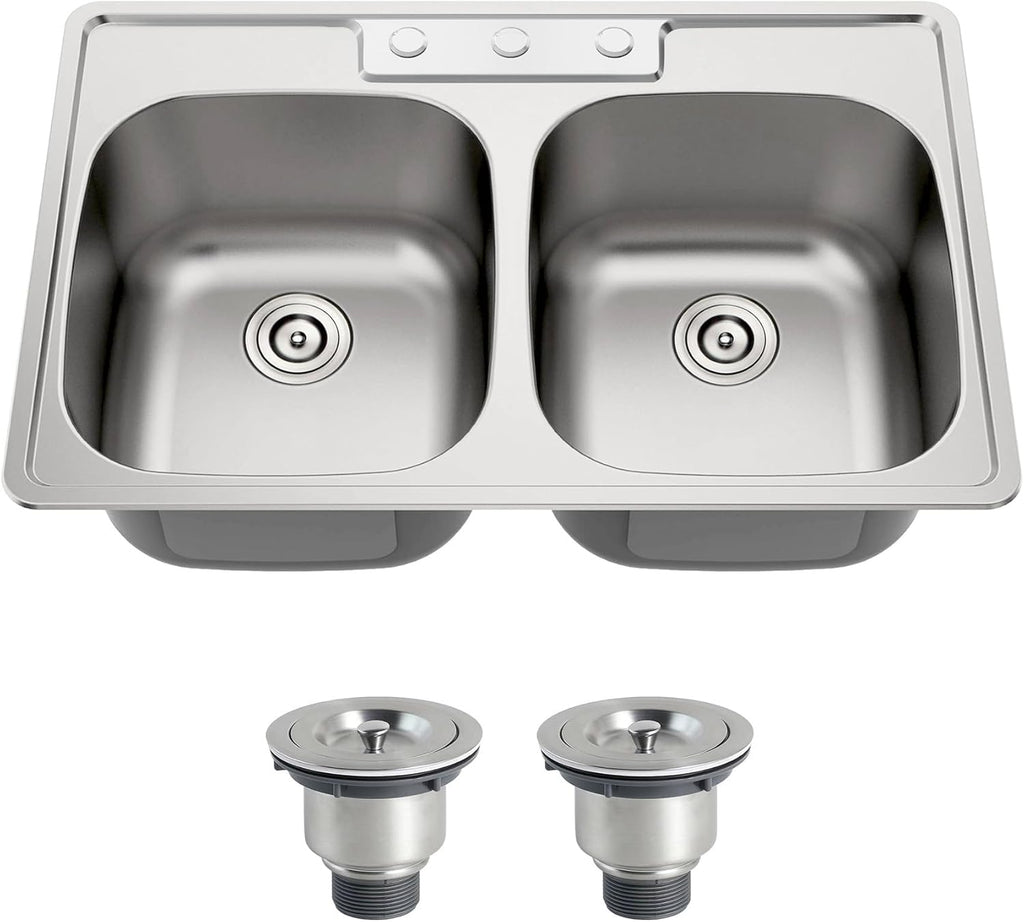33x22 Double Bowl Drop In Kitchen Sink 33 Inch Topmount 304 Stainless Steel 18 Gauge Curved Shape Round Corner 50/50 Sinks with Basket Strainer 33' x 22' x 9'