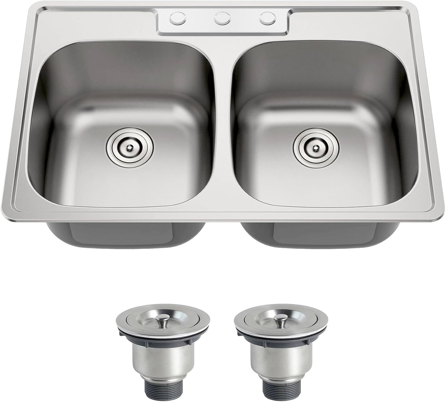 33x22 Double Bowl Drop In Kitchen Sink 33 Inch Topmount 304 Stainless Steel 18 Gauge Curved Shape Round Corner 50/50 Sinks with Basket Strainer 33' x 22' x 9'