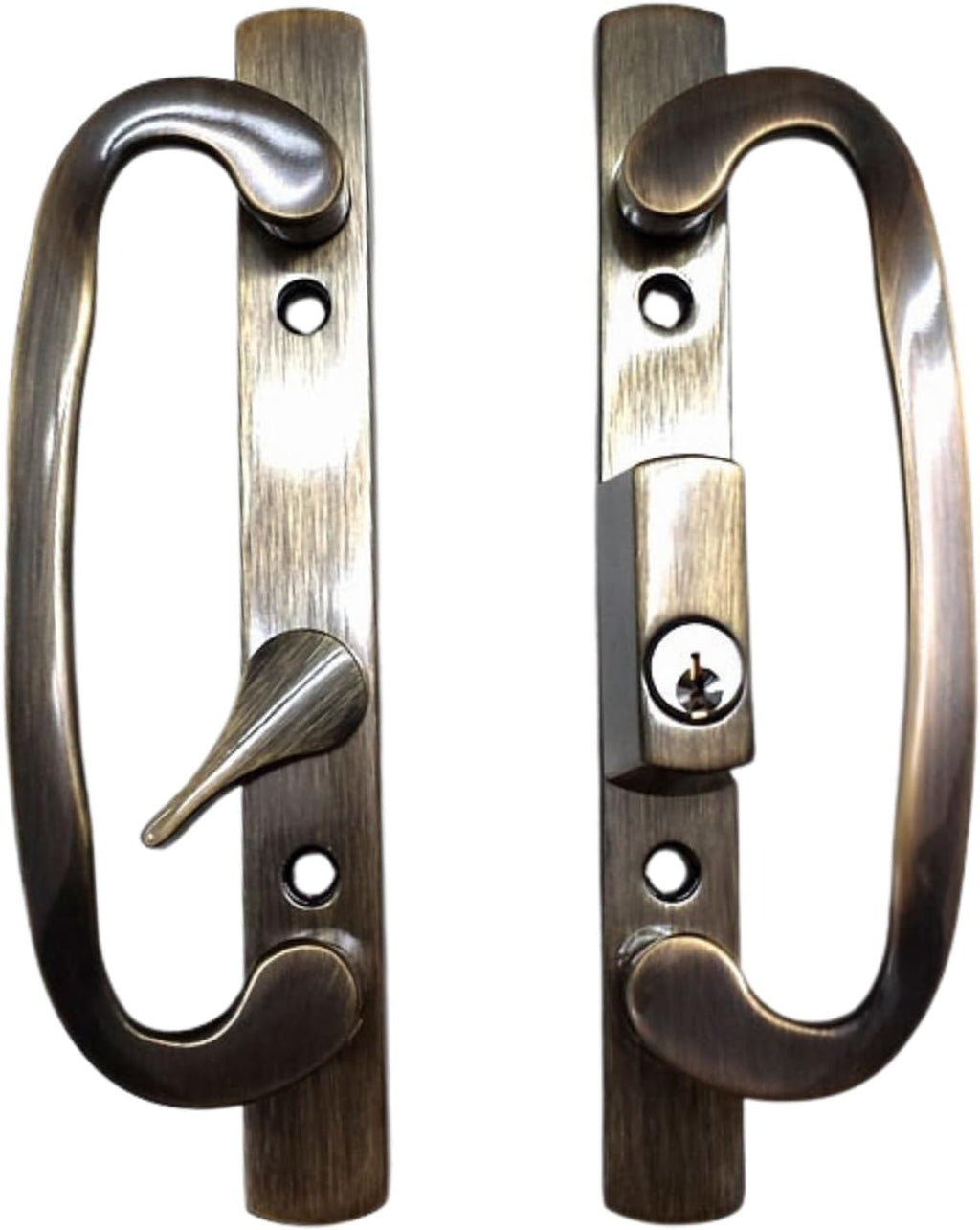 8.5' Legacy Sliding Patio Glass Door Offset Latch Antique Brass Handle Set with Keys - Sash Controls 2265 Keyed Lock - Fits 3-15/16' Screw Hole Spacing and 1-1/4' to 2-1/4' Door Thickness