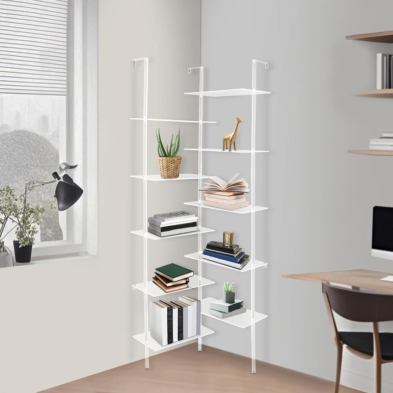 Acrylic Corner Bookshelf, 5-Tier Wall Mounted Clear Ladder Bookcase with 10 Open Shelves, Modern Display Book Shelf for Living Room, Bedroom, Bathroom, 22''Dx22''Wx73.62''H