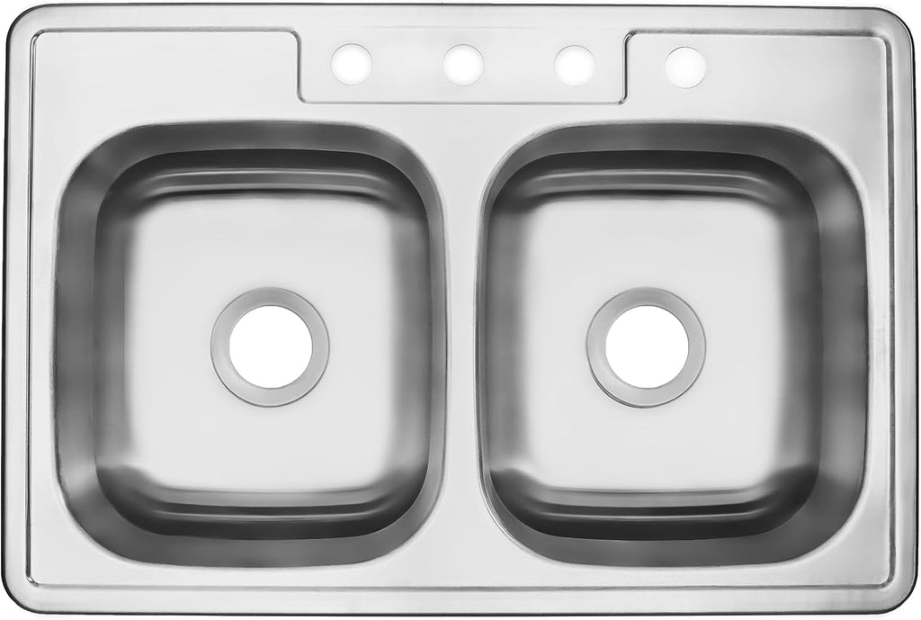 Kitchen Sink Stainless Steel Drop in Top Mount 33' x 22', 4 Hole (33 inch Drop-in Topmount 50/50 Double Bowl with Strainers)