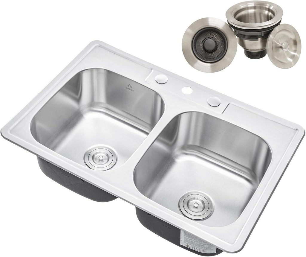 CozyBlock 33 x 22 x 9 Inch 50/50 Top-mount/Drop-in Stainless Steel Double Bowl Kitchen Sink with Strainer - 18 Gauge Stainless Steel-3 Faucet Hole