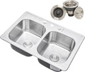CozyBlock 33 x 22 x 9 Inch 50/50 Top-mount/Drop-in Stainless Steel Double Bowl Kitchen Sink with Strainer - 18 Gauge Stainless Steel-3 Faucet Hole