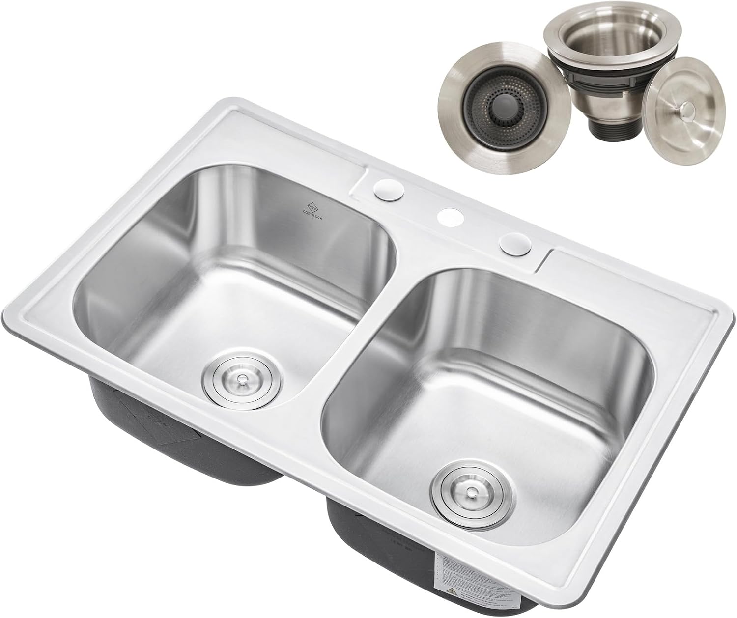 CozyBlock 33 x 22 x 9 Inch 50/50 Top-mount/Drop-in Stainless Steel Double Bowl Kitchen Sink with Strainer - 18 Gauge Stainless Steel-3 Faucet Hole