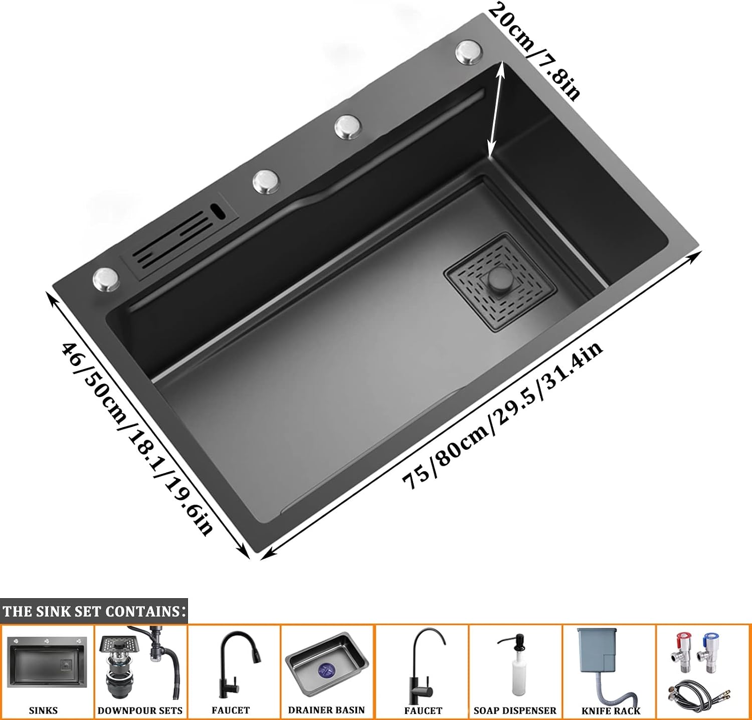 304 Stainless Steel Single Bowl Kitchen Sink Square Nano Bar Sink Rv Sink with Pull-Out Faucet and Drainage Components Top Mount Or Undermount (Color : Black-C, Size : 75x46x20cm) (Blackb 75x46x2