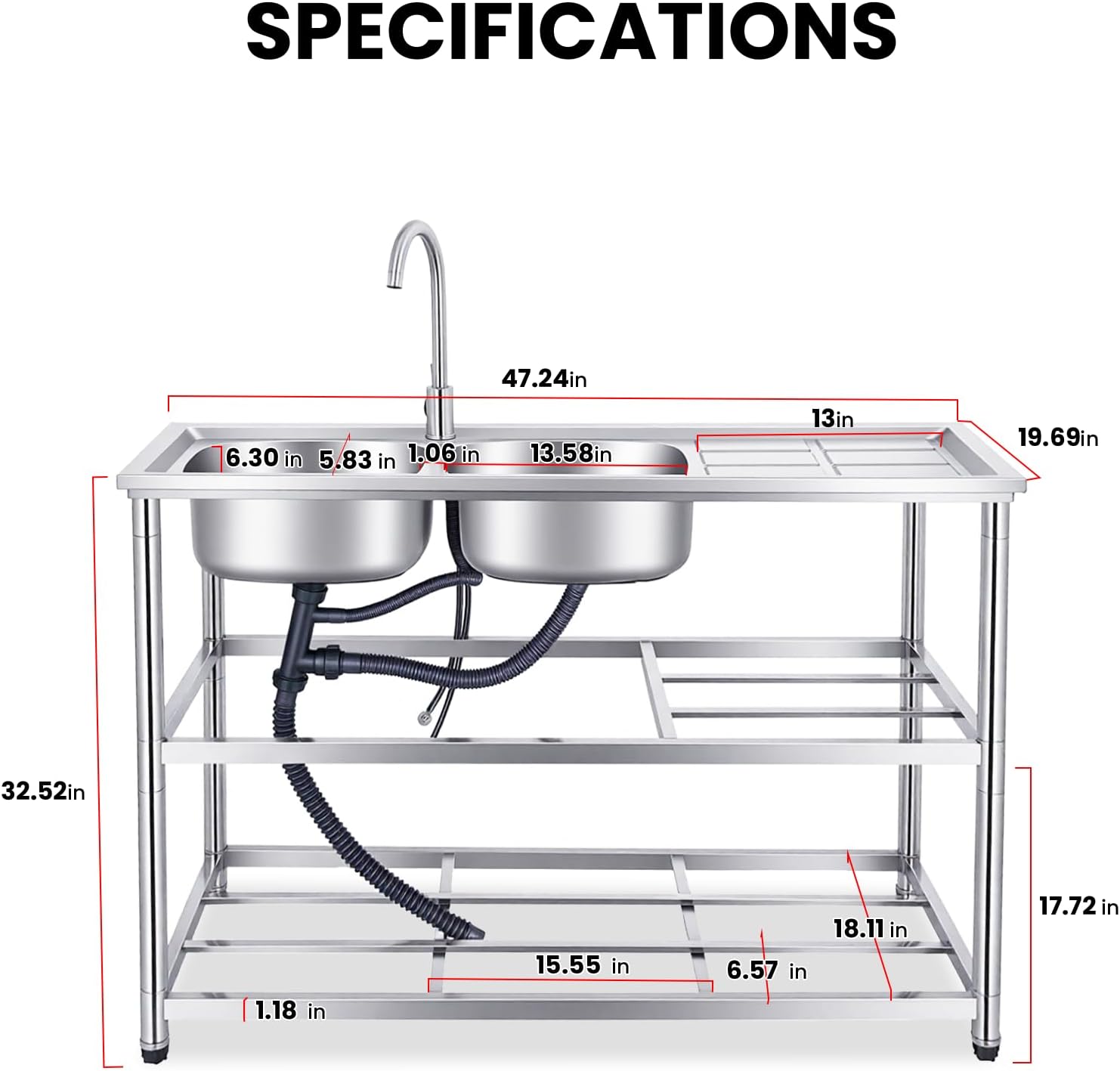 Stainless Steel Commercial Sink with Double Bowls, with 360° Rotation Faucets, Pipe, Workbench, 2-Tier with Storage Shelves Stainless Steel Utility Sink, Freestanding Portable Sink for Home/Restaurant