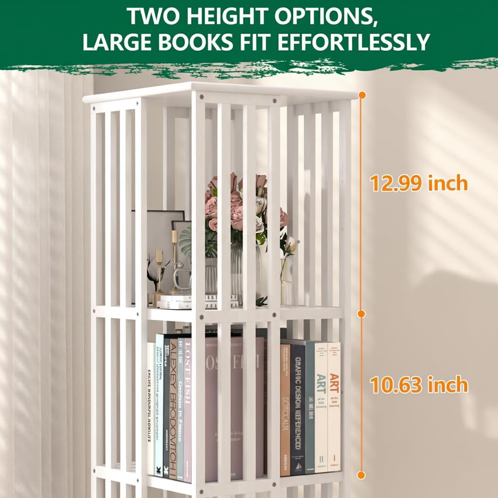 Lauxery Rotating Bookshelf Tower– 6 Tier 360° Bamboo Spinning Book Shelves| Space-Saving Tall Square Revolving Bookcase for Small Space, Living Room, Bedroom & Office | White Corner Bookshelf