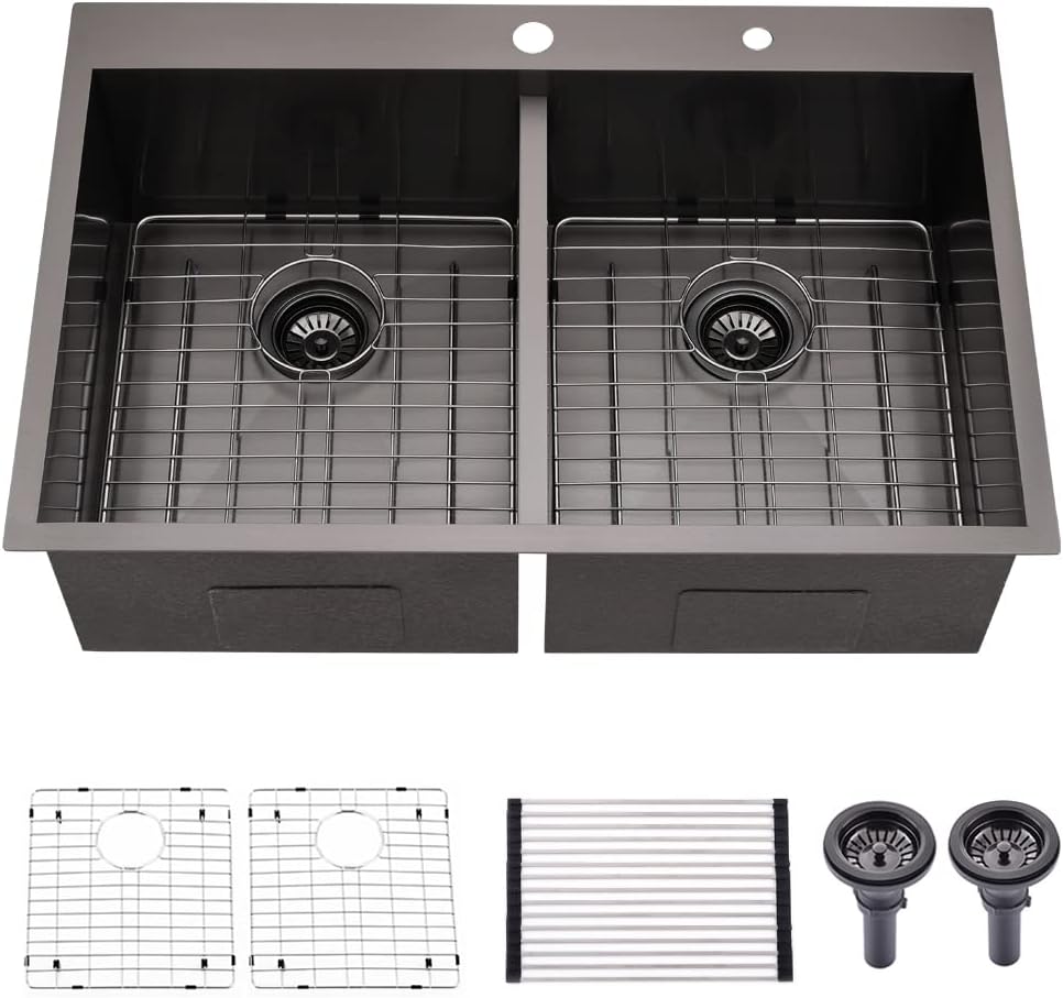 33 Inch Black Double Bowl Drop In Kitchen Sink-Bokaiya 33x22 Drop In Kitchen Sink 50/50 Double Bowl 16 Gauge Deep Low Divided Stainless Steel Basin with Roll Up Rack