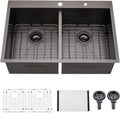 33 Inch Black Double Bowl Drop In Kitchen Sink-Bokaiya 33x22 Drop In Kitchen Sink 50/50 Double Bowl 16 Gauge Deep Low Divided Stainless Steel Basin with Roll Up Rack