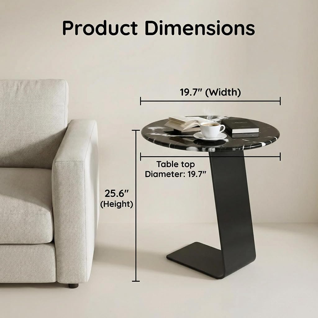 25.5-Inch High C-Shaped End Table with Tempered Glass Top & Black Metal Frame, Modern Space-Saving Sofa Side Table for Living Room, Bedroom, Small Spaces (A)
