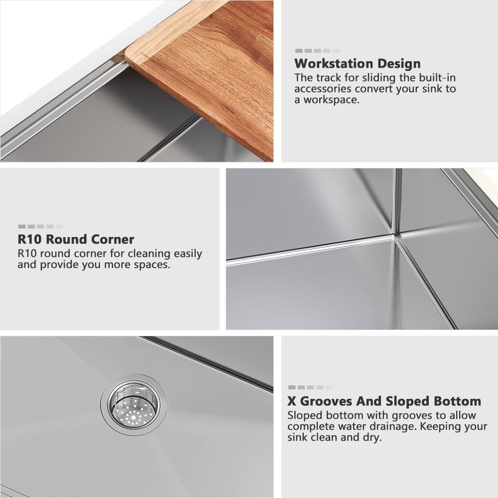 32 Inch Kitchen Sink Drop In Workstation-VASOYO 32x22 Stainless Steel Drop In Kitchen Sink Workstation 16 Gauge Single Bowl Deep Top Mount Sinks Stainless Sinks with Cutting Board
