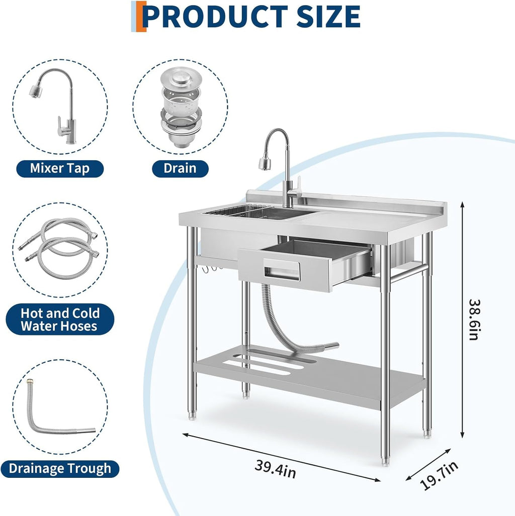 Garvee Freestanding Commercial Utility Sink with Faucet, Right Workbench, Drawer & Storage Shelf, Adjustable Stainless Steel Prep Sink for Kitchen, Garage, Restaurant & Outdoor Cleaning Station