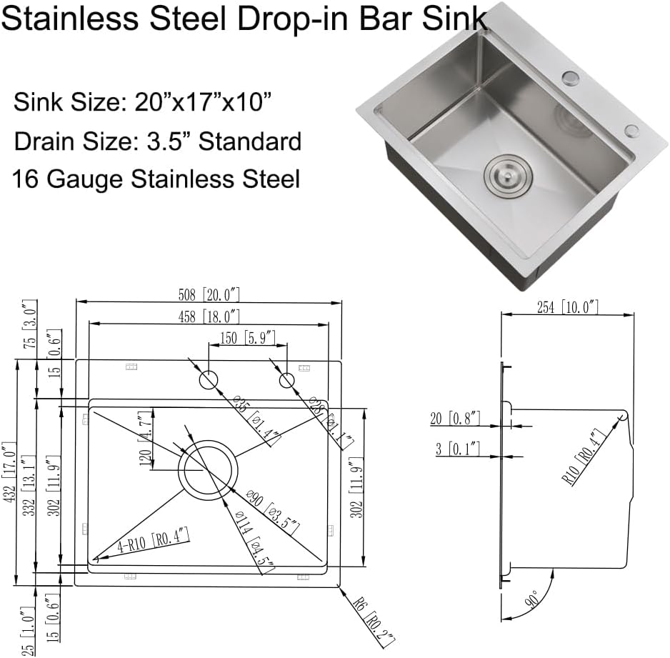 20 Inch Drop in Kitchen Sink, Single Bowl 16 Gauge Stainless Steel Topmount Small Kitchen Bar Sink Outdoor RV Workstation Basin (20'x17'x10')