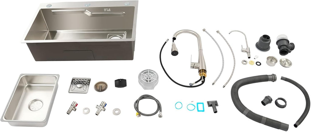DYRABREST 29.5 Inch Stainless Steel Kitchen Sink Multi-Function Commercial Sink Set with Cutting Board & Basin-in-Basin, Drop-In/Undermount Install, Cup Rinser and Drainer for Restaurant Home (Silver)