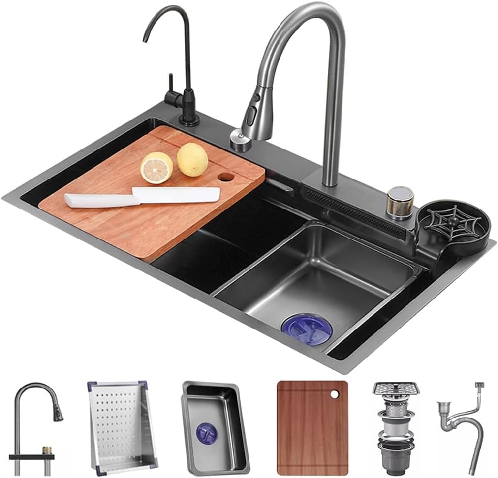Waterfall Sink Household Sink Single Bowl Kitchen Sink Set -Coated Workstation Sink with Pull-Out Faucet and Cup Washer Pressurized Cup Washer (Color : A, Size : 75x45x22cm)