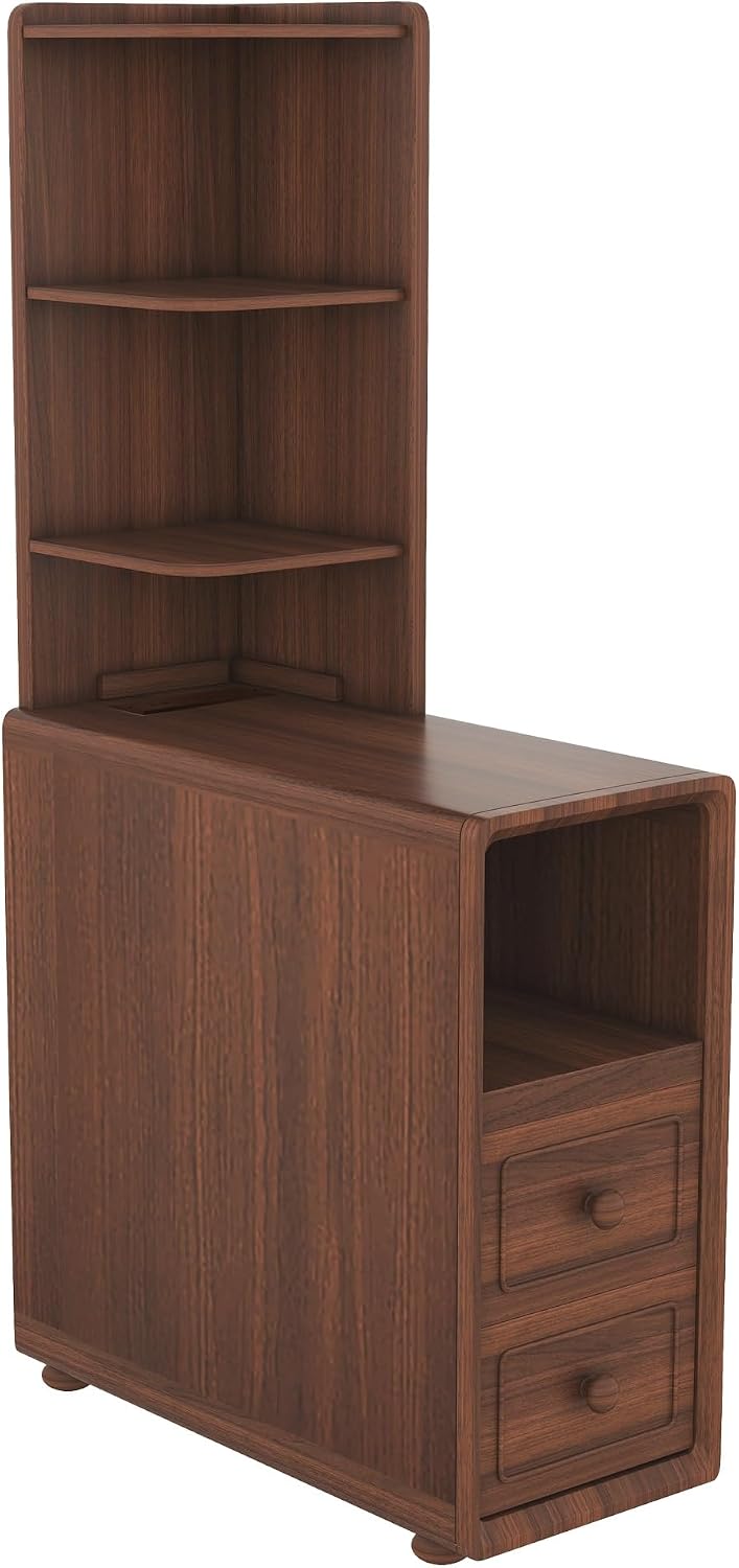 GDFStudio End Table with 2 Drawers & 3 Open Shelves, Corner Side Table with Reversible Top Shelves & Charging Station, 2 USB Ports & AC Outlets, Ideal for Bedroom & Living Room, Walnut Finish