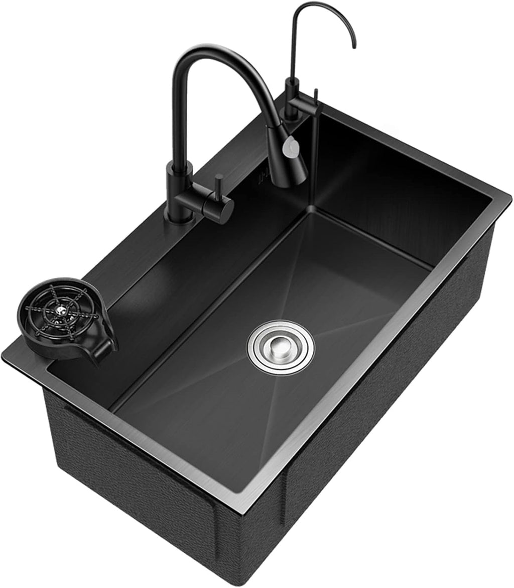 Black Nano Single Bowl Kitchen Sink 304 Stainless Steel Bar Sink Multifunctional RV Sink with Pull-Out Faucet and Cup Washer Top Mount Or Undermount (Color : Black, Size : 60x45x21cm)