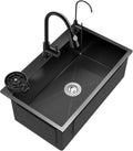 Black Nano Single Bowl Kitchen Sink 304 Stainless Steel Bar Sink Multifunctional RV Sink with Pull-Out Faucet and Cup Washer Top Mount Or Undermount (Color : Black, Size : 60x45x21cm)