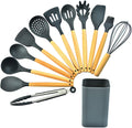 Silicone Cooking Utensils, Kitchen Utensil Set, Wooden Handle Kitchen Gadgets with Holder for Nonstick Cookware (Color : Pink)