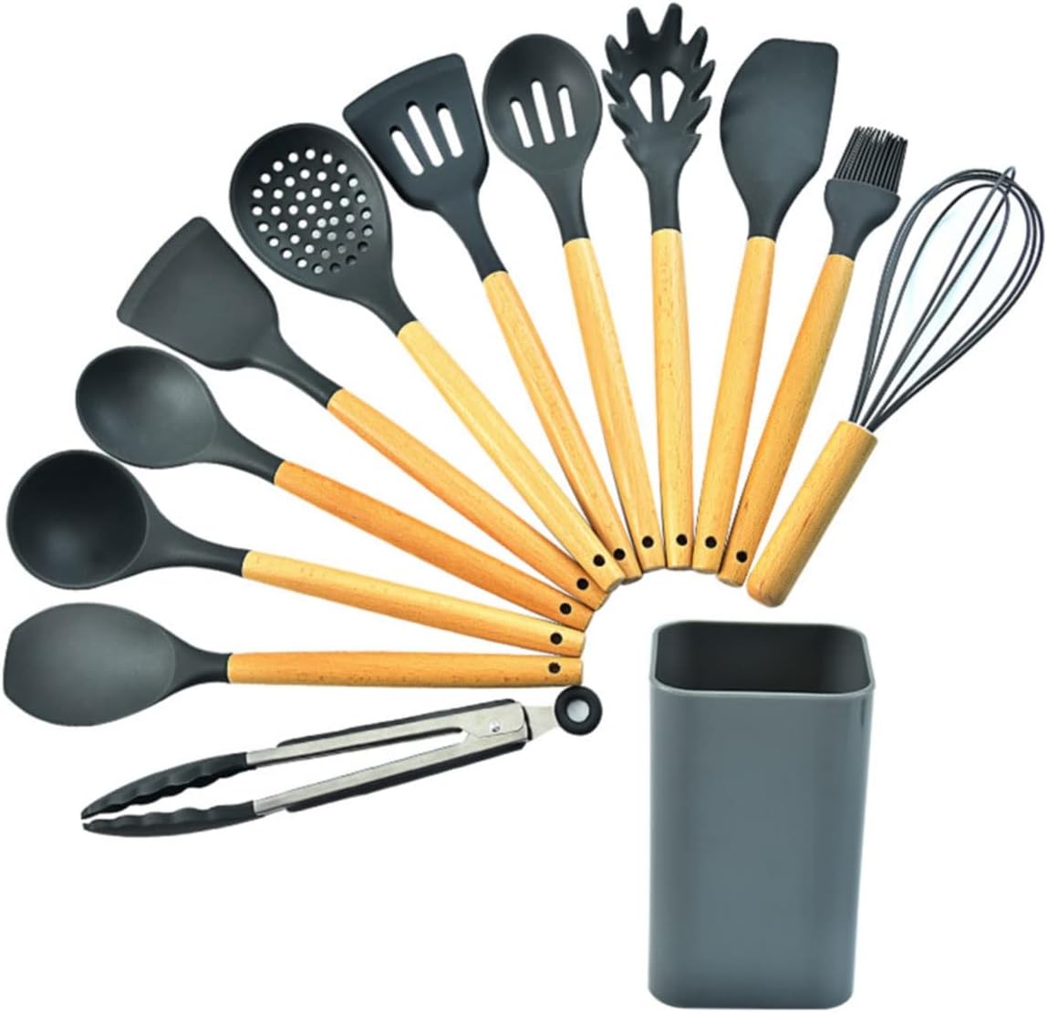 Silicone Cooking Utensils, Kitchen Utensil Set, Wooden Handle Kitchen Gadgets with Holder for Nonstick Cookware (Color : Pink)