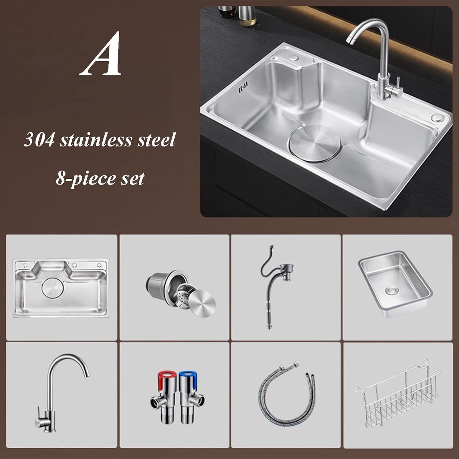 304 Stainless Steel Single Bowl Kitchen Sinks, Rectangular Handmade Large Kitchen Sink with Faucet Combo and Hanging Basket, 3 Holes Available, Silver,68 * (