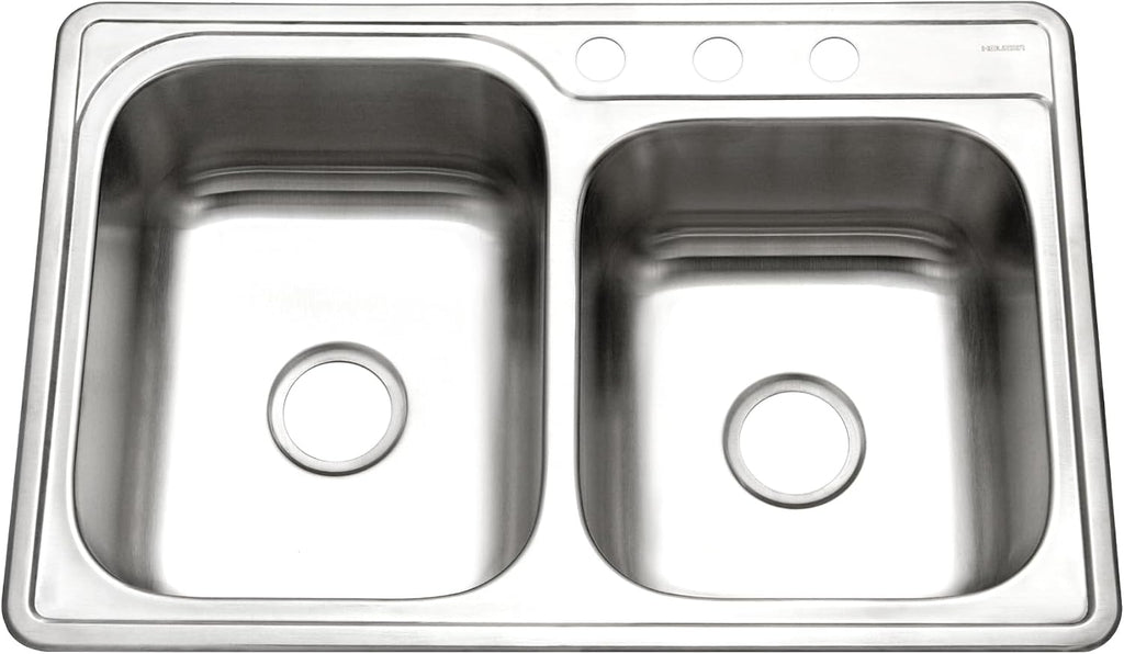 Houzer Glowtone Stainless Steel Kitchen Bar & Prep Sink - 33 Inch Drop-In Topmount 3-Hole 60/40 Double Bowl Sink, Durable & Versatile, Nested 20-Pack - ISL-3322BS3-20