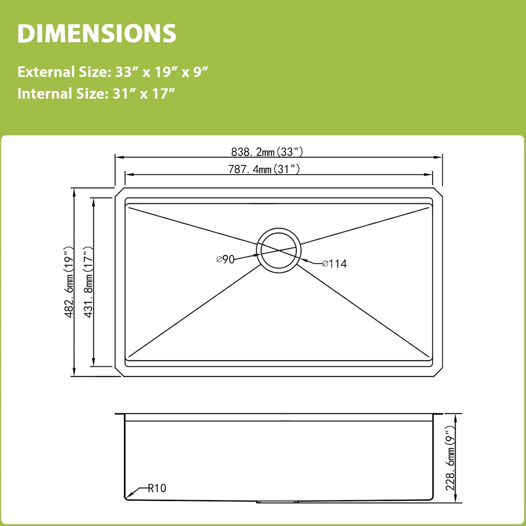 33x19 Undermount Kitchen Sink- 33 Inch Workstation Sinks 304 16 Gauge Stainless Steel Single Bowl 9' Deep Basin 33x19x9