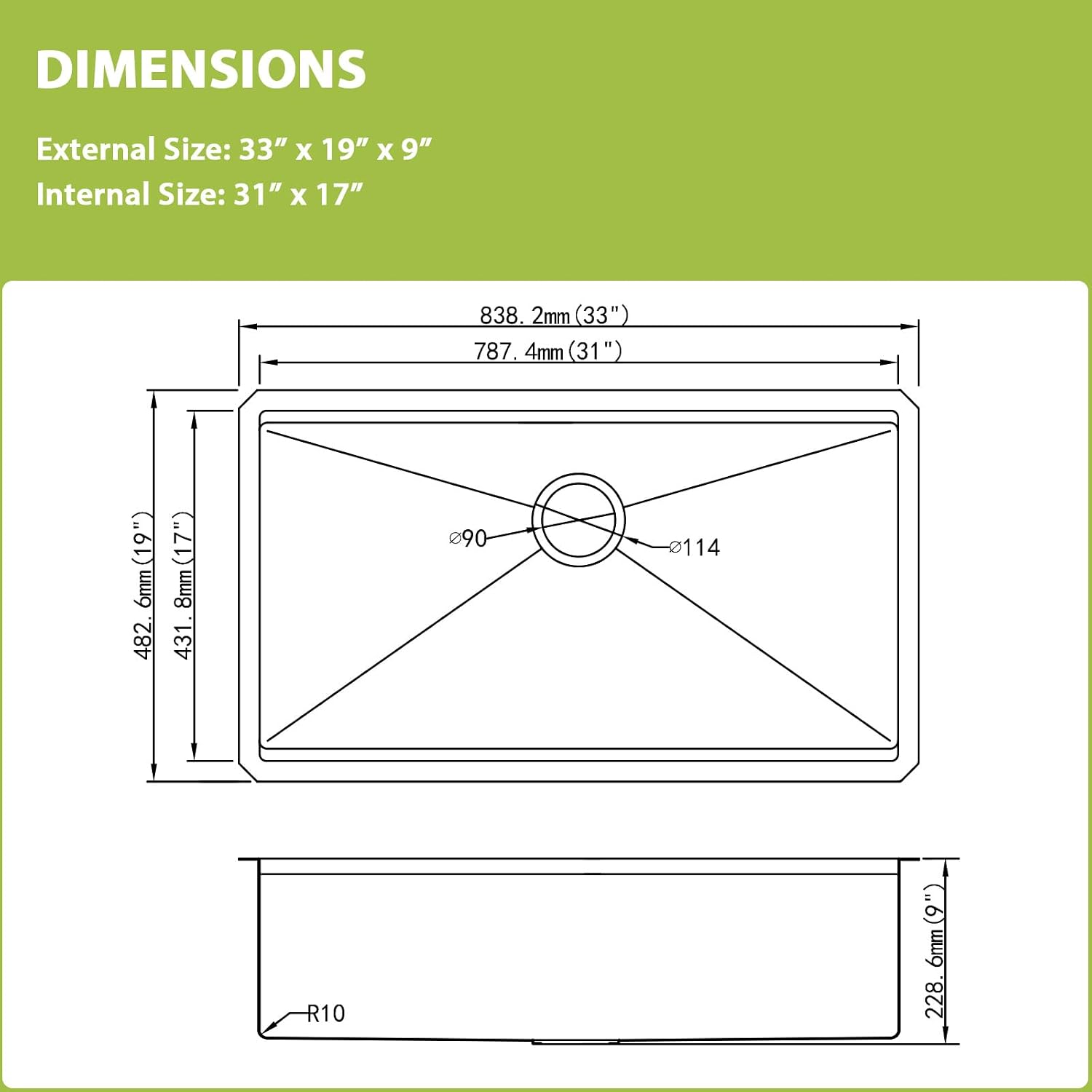 33x19 Undermount Kitchen Sink- 33 Inch Workstation Sinks 304 16 Gauge Stainless Steel Single Bowl 9' Deep Basin 33x19x9