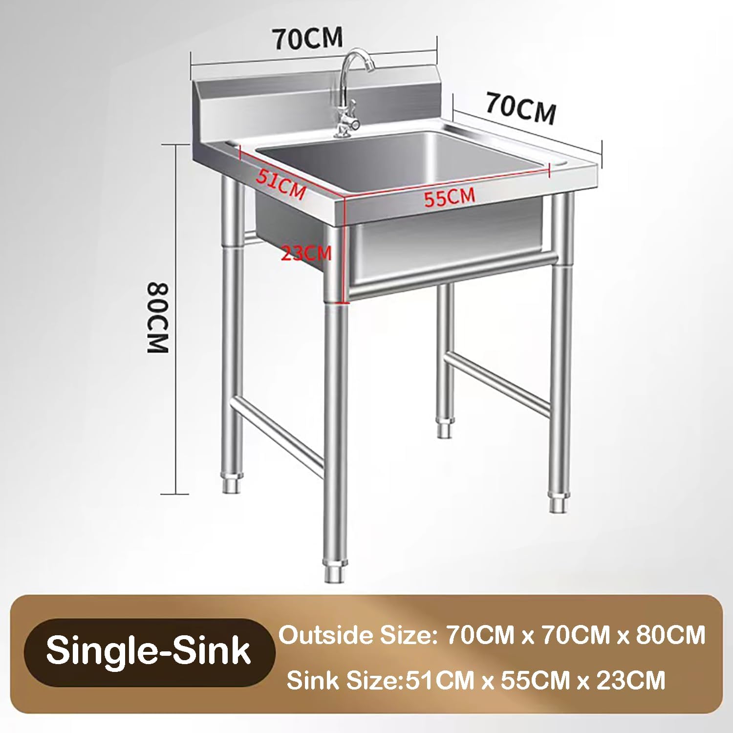 Free Standing Stainless-Steel Single Bowl Restaurant Kitchen Sink Set W/Hot And Cold Water Faucets Commercial Utility Sink,Commerical, Outdoor, Garage, Laundry Room Use,Single sink,70 * 70