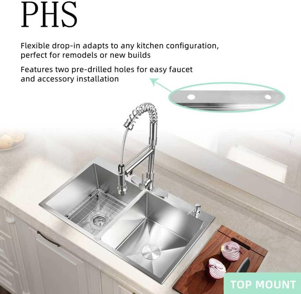 PHS 33 Inch Drop In Double Bowl Kitchen Sink 50/50-16 Gauge Stainless Steel Overmount Kitchen Sink 33x22 with Accessories, 9 Inch Deep Sinks with Brushed Finish