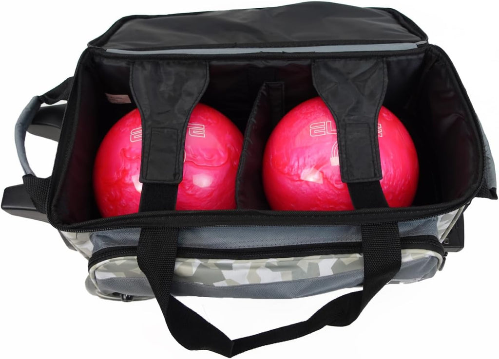 ELITE Deluxe 2 Ball Bowling Bag with 5' Smooth Wheels - Large Accessory Pocket, Shoe Compartment, 36' Extendable Handle