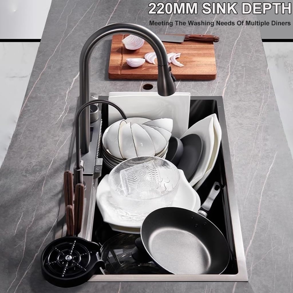 Waterfall Kitchen Sink with Three-in-one Pull-Out Faucet Single Bowl Kitchen Sink with Full Set of Accessories Stainless Steel Bar Sink with LED Digital Display Screen (Black 75x46x22cm)
