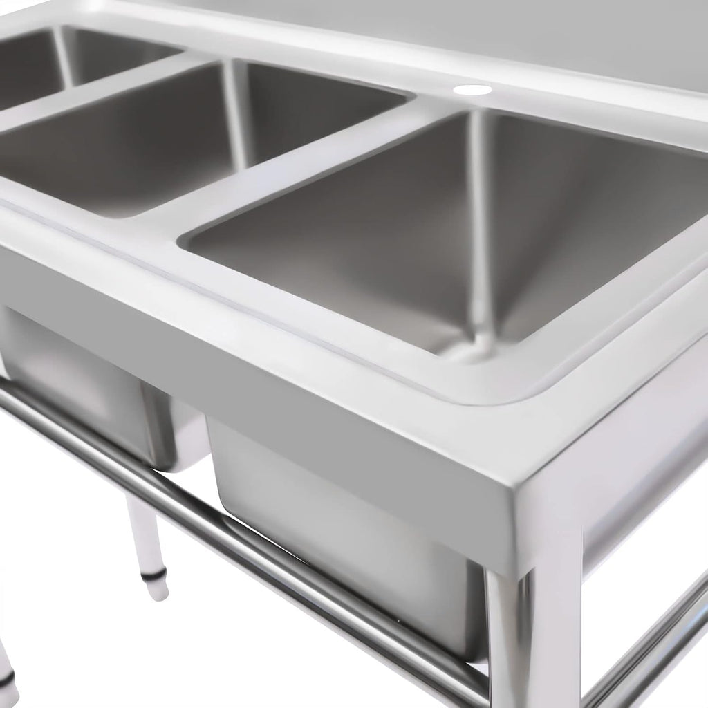 Triple Bowl Kitchen Sink, Free Standing Stainless Steel Sinks with 2 Faucets Cold and Hot Water Pipe for Garages, Laundry rooms, Basements, Terraces, Bars, Kitchens, Bathrooms