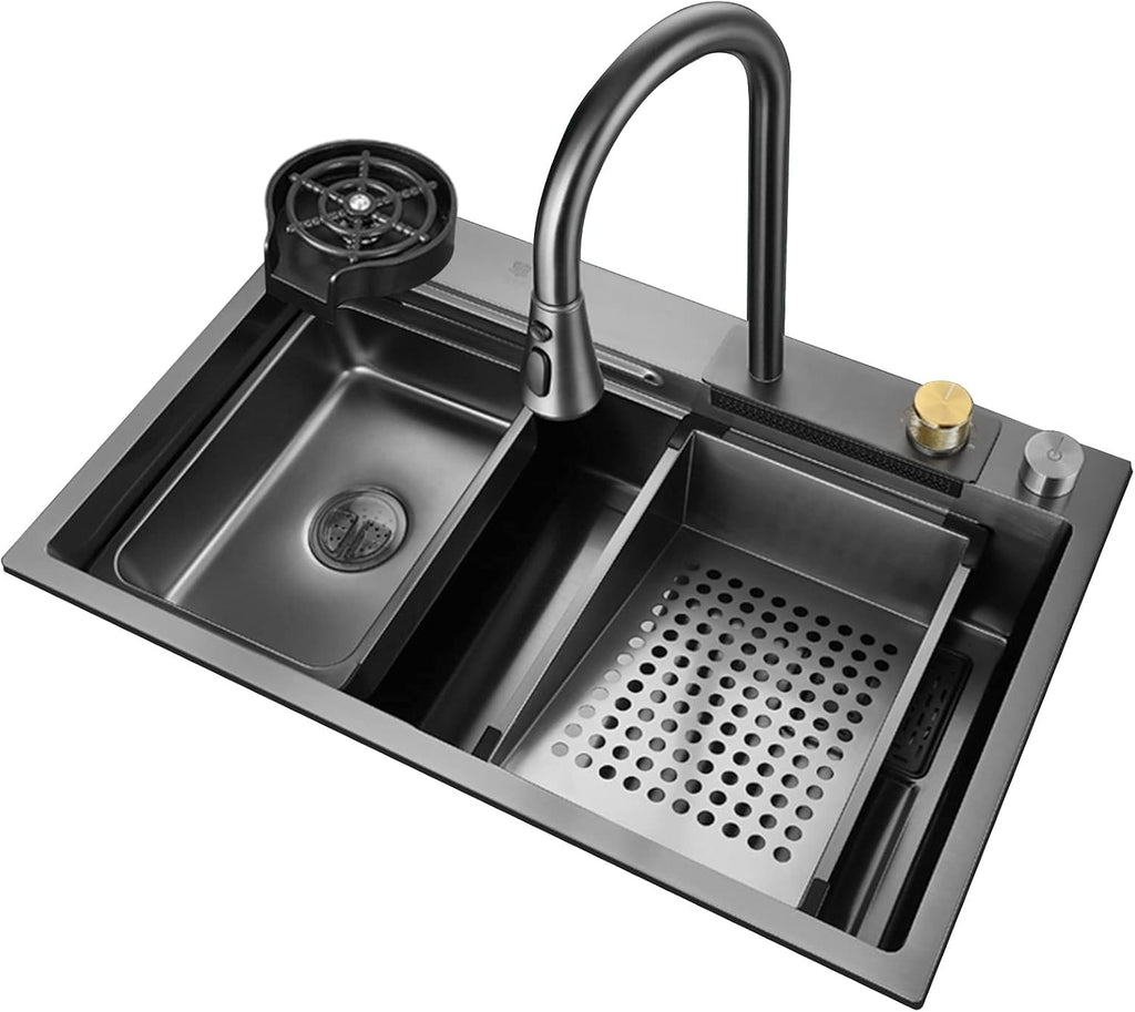 304 Stainless Steel Waterfall Bar Sink Black Single Bowl Kitchen Sink Multi-Function Rv Sink with Pull-Out Faucet and Drainage Cponents Top Mount Or Undermount (Color : Black-B, Size :