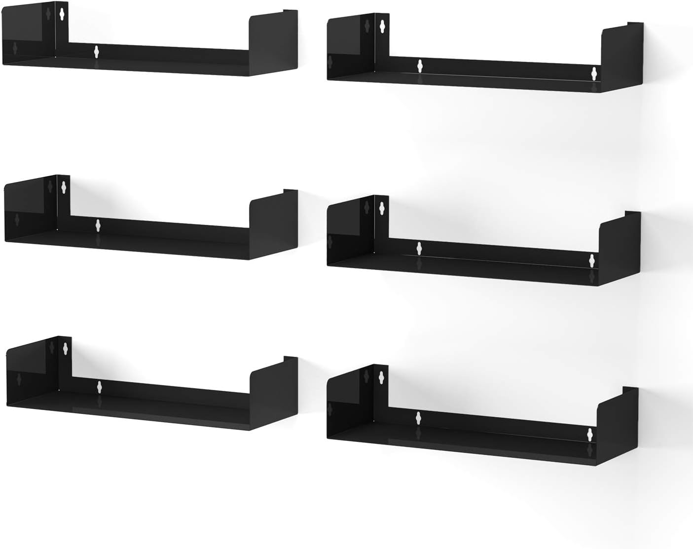 Wallniture Bali Black U Shape Floating Shelves for Wall, CD DVD Storage Shelves and Metal Bookshelf Set of 6