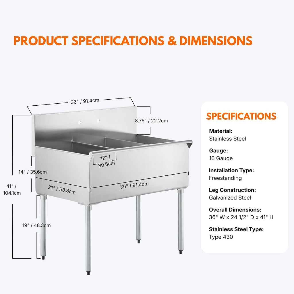 Commercial Stainless Steel Utility Sink with Backsplash, Triple 12' x 21' x 14' Deep Bowls, 16-Gauge Construction - for Janitorial Area, Commercial Kitchen, Garage, Laundry Room