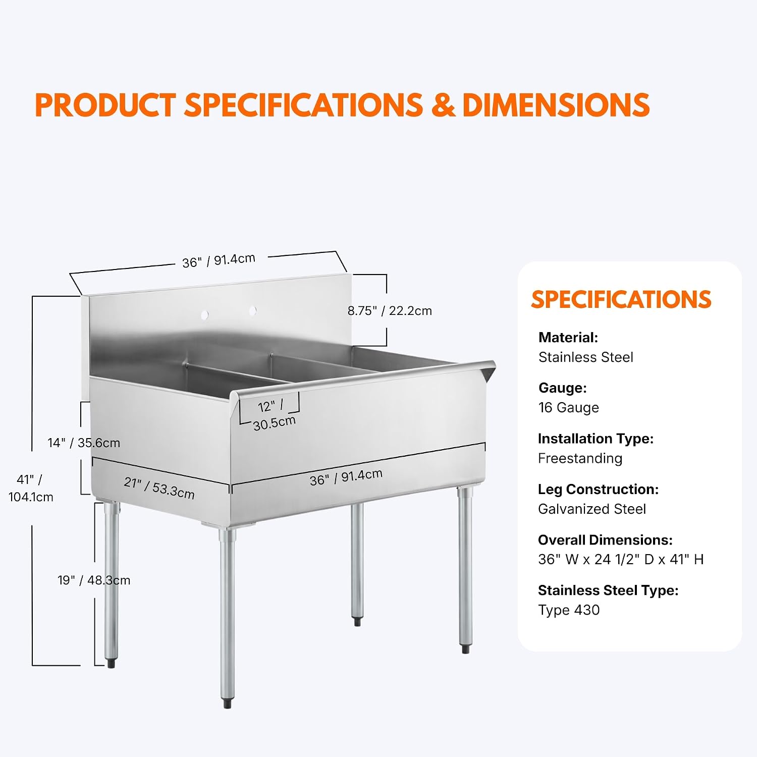 Commercial Stainless Steel Utility Sink with Backsplash, Triple 12' x 21' x 14' Deep Bowls, 16-Gauge Construction - for Janitorial Area, Commercial Kitchen, Garage, Laundry Room