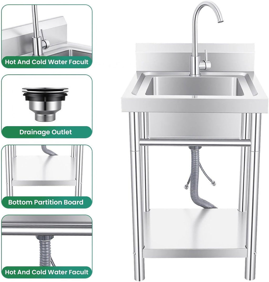 Utility Sink Stainless Steel Laundry Sink, 360 Degree Rotating Faucet, Hot And Cold Water Functions for Garage Kitchen Bathroom Laundry Use (Single Bowl 20'' Sink)