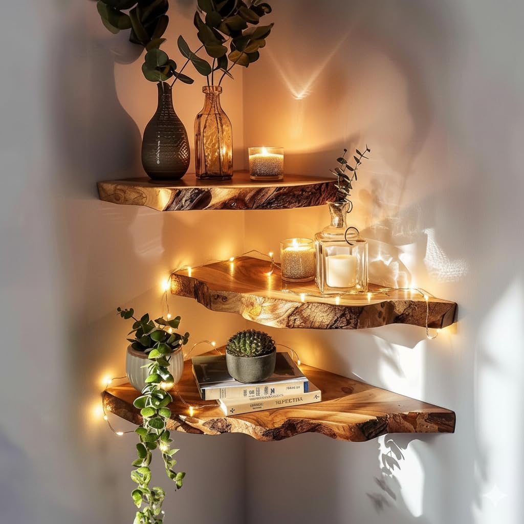 Live Edge Corner Floating Shelves - Solid Monkey Pod Wood, Heavy Duty Hidden Brackets, Handcrafted Farmhouse Wall Mounted Decor for Bedroom & Living Room - Natural, 9.8 x 9.8 x 2.0 in, Set of 1