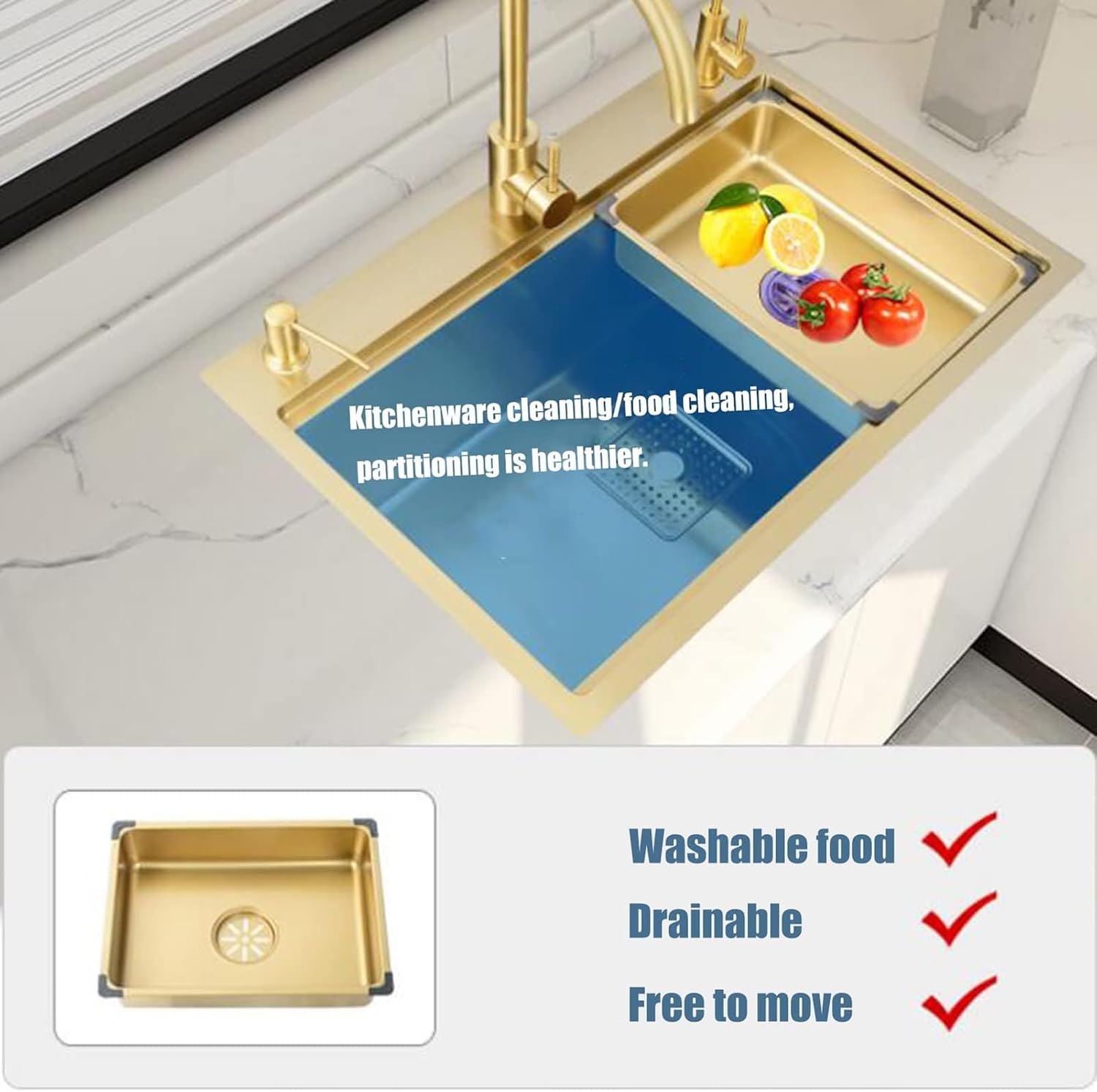 Kitchen Sink Gold, Single Bowl Kitchen Sinks Drop in 304 Stainless Steel Kitchen Sink with Tap, Soap Dispenser and Water Filter,with Mounting Accessories,80(
